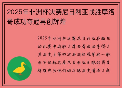 2025年非洲杯决赛尼日利亚战胜摩洛哥成功夺冠再创辉煌